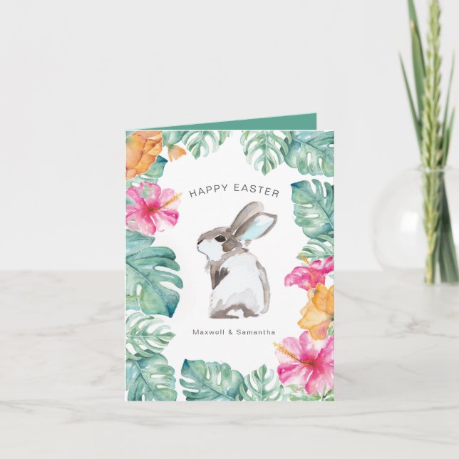 Tarjeta Festiva Cute Spring Flowers Bunny Easter Card (Anverso)