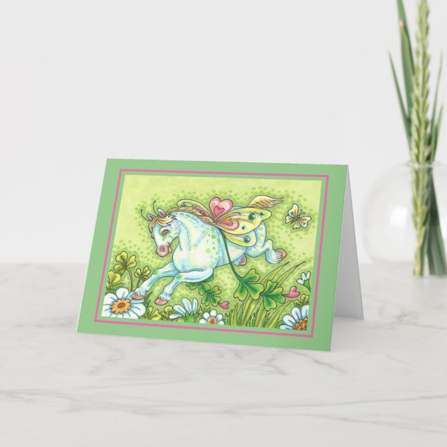 TARJETA FESTIVA CUTE ST. PATRICK'S DAY FLYING IRISH PONY, FAIRY (Anverso)
