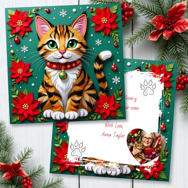 Tarjeta Festiva Cute Tabby Cat with Poinsettias Custom Christmas (Subido por el creador)
