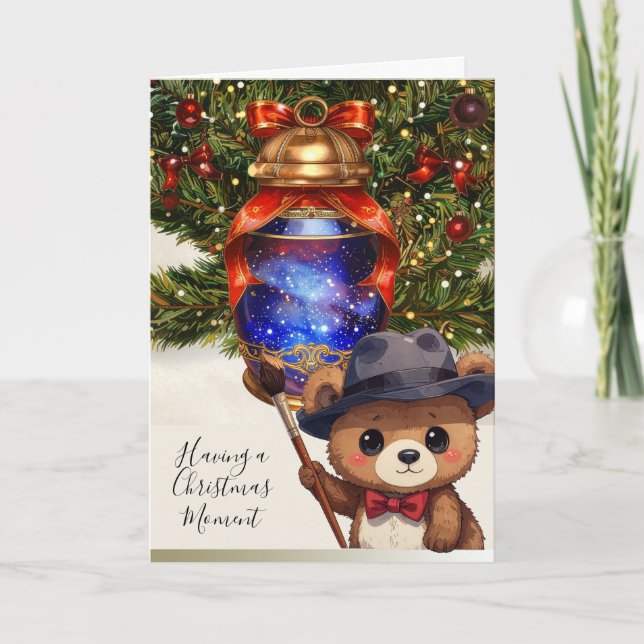 Tarjeta Festiva Cute Teddy Bear Painting A Christmas Tree Lantern (Anverso)