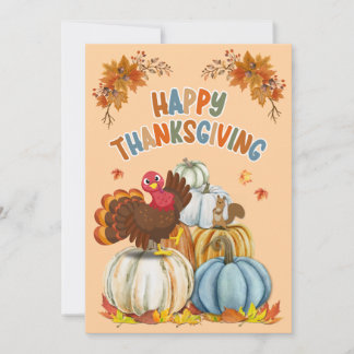 Tarjeta Festiva Cute Turkey and Retro Pumpkins Happy Thanksgiving