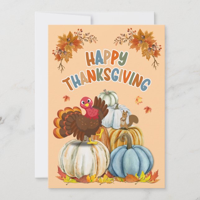 Tarjeta Festiva Cute Turkey and Retro Pumpkins Happy Thanksgiving (Anverso)