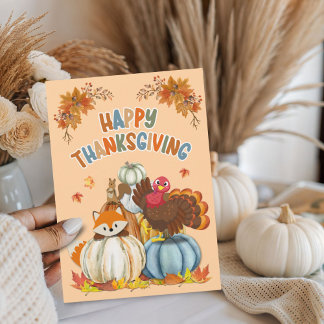 Tarjeta Festiva Cute Turkey and Retro Pumpkins Happy Thanksgiving