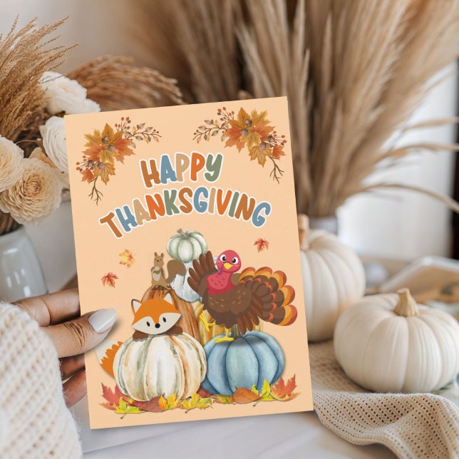 Tarjeta Festiva Cute Turkey and Retro Pumpkins Happy Thanksgiving  (Subido por el creador)
