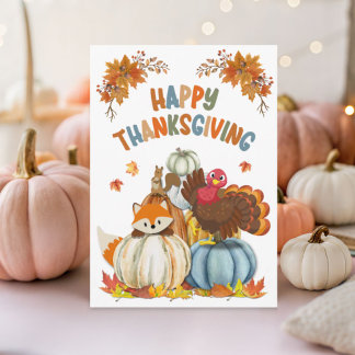 Tarjeta Festiva Cute Turkey and Retro Pumpkins Happy Thanksgiving