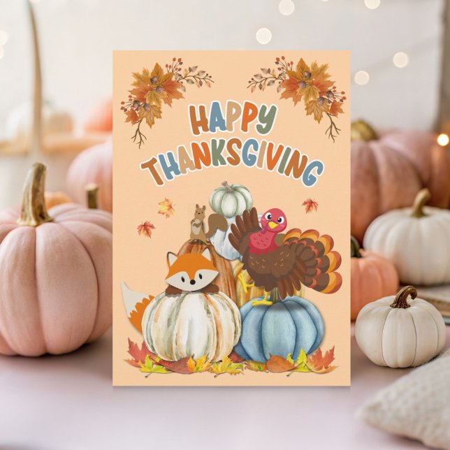 Tarjeta Festiva Cute Turkey and Retro Pumpkins Happy Thanksgiving (Subido por el creador)