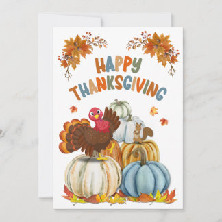 Tarjeta Festiva Cute Turkey and Retro Pumpkins Happy Thanksgiving