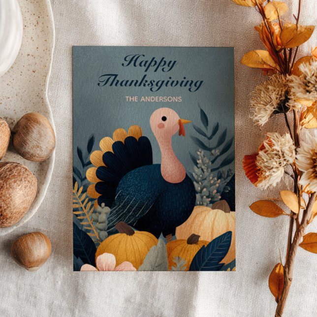 Tarjeta Festiva Cute Turkey& Autumn Foliage Happy Thanksgiving  (Subido por el creador)