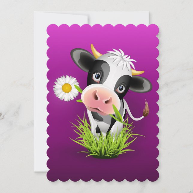 Tarjeta Festiva Cute vaca Holstein en el pasto sobre morado (Anverso)
