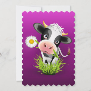 Tarjeta Festiva Cute vaca Holstein en el pasto sobre morado