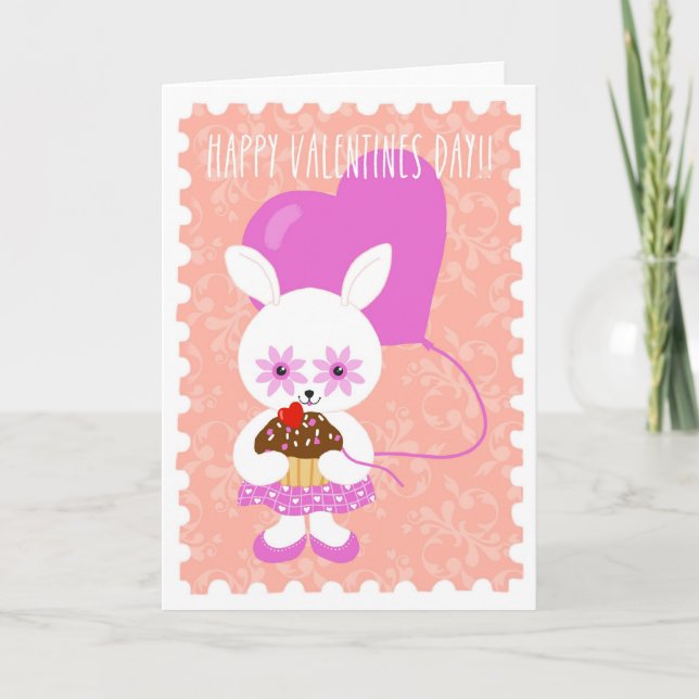 Tarjeta Festiva Cute Valentine Bunny with Cupcake Card (Anverso)