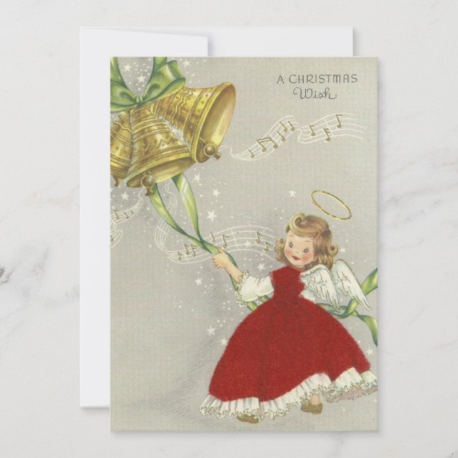 Tarjeta Festiva Cute Vintage Christmas Angel Rings Bell (Anverso)