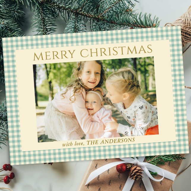 Tarjeta Festiva Cute Vintage Christmas Photo Gingham Plaid (Subido por el creador)