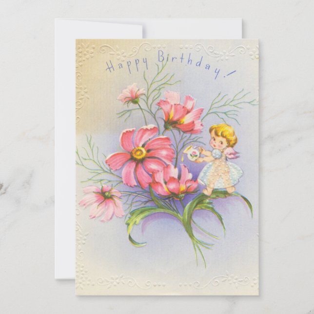 Tarjeta Festiva Cute Vintage Happy Birday Fairy (Anverso)