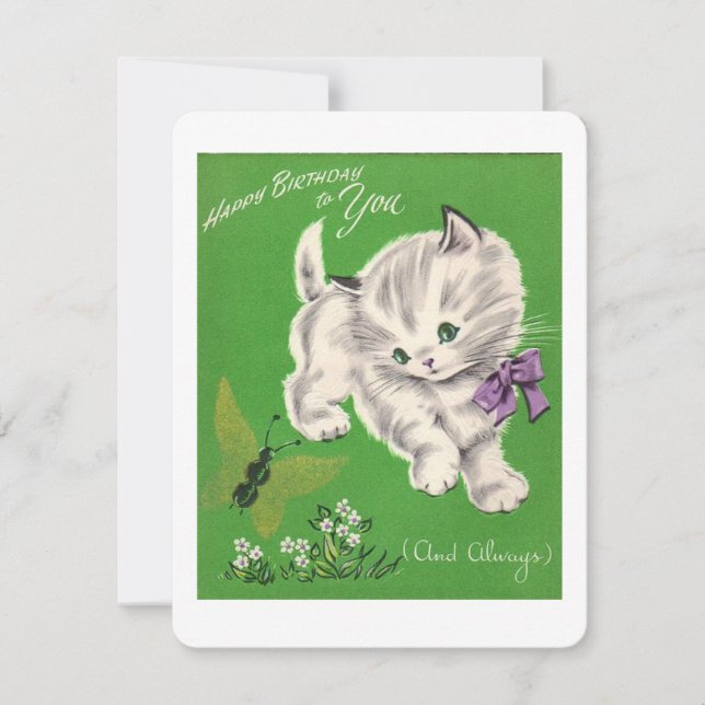 Tarjeta Festiva Cute Vintage Happy Birday White Kitten (Anverso)