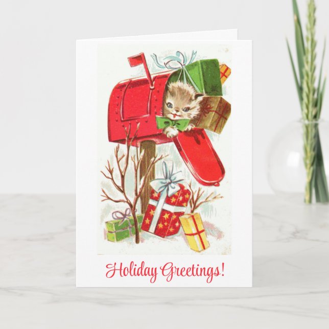 Tarjeta Festiva Cute Vintage Kitten Cat Christmas Greetings (Anverso)