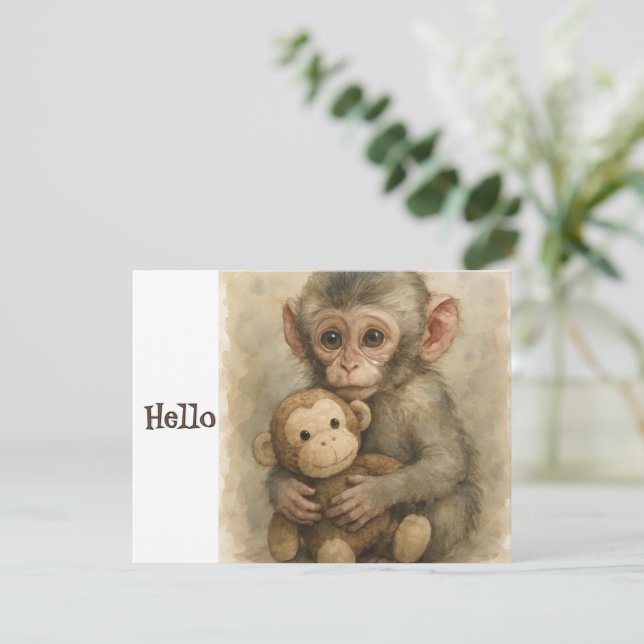 Tarjeta Festiva Cute Watercolor Baby Monkey Greeting Card (Anverso de pie)