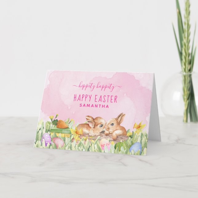 Tarjeta Festiva Cute Watercolor Bunnies Pink Easter (Anverso)