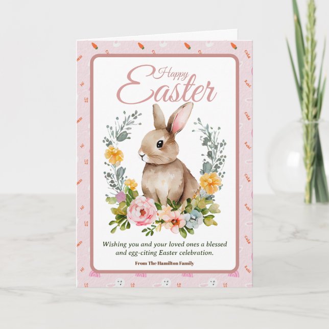 Tarjeta Festiva Cute Watercolor Bunny Floral Wreath Easter (Anverso)