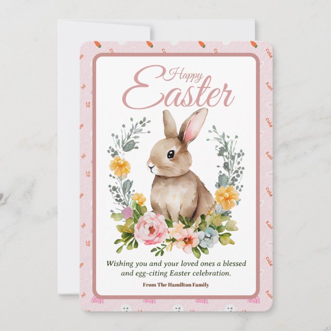Tarjeta Festiva Cute Watercolor Bunny Floral Wreath Easter (Anverso)