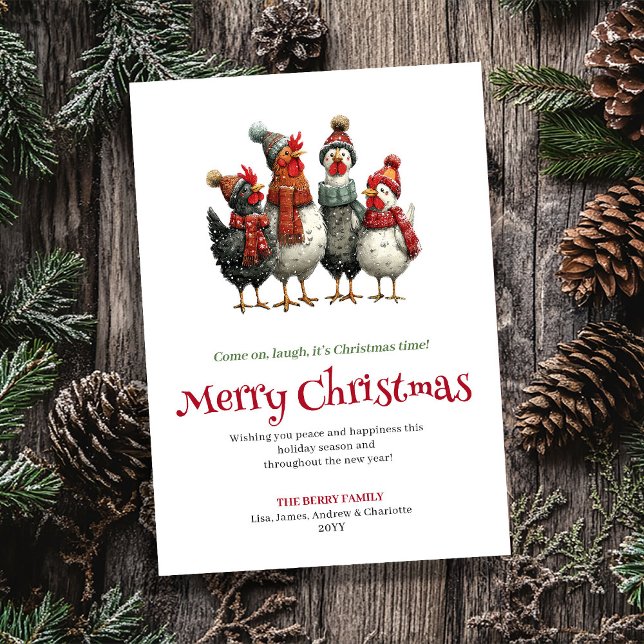 Tarjeta Festiva Cute Watercolor Chickens Christmas Greeting Card (Cute Watercolor Chickens Christmas Greeting Card)