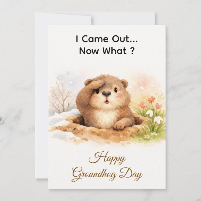 Tarjeta Festiva Cute Watercolor Groundhog Popping Out Of Hole (Anverso)