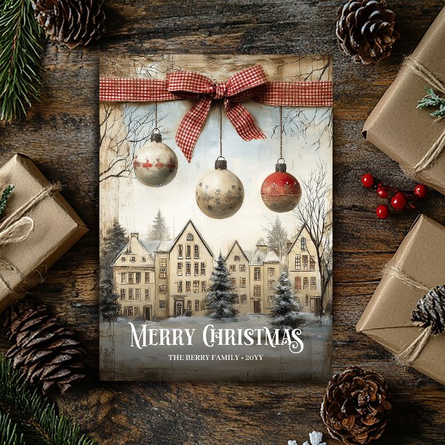 Tarjeta Festiva Cute Watercolor Neutral Colors Christmas Scene (Cute Watercolor Neutral Colors Christmas Wreath Card)