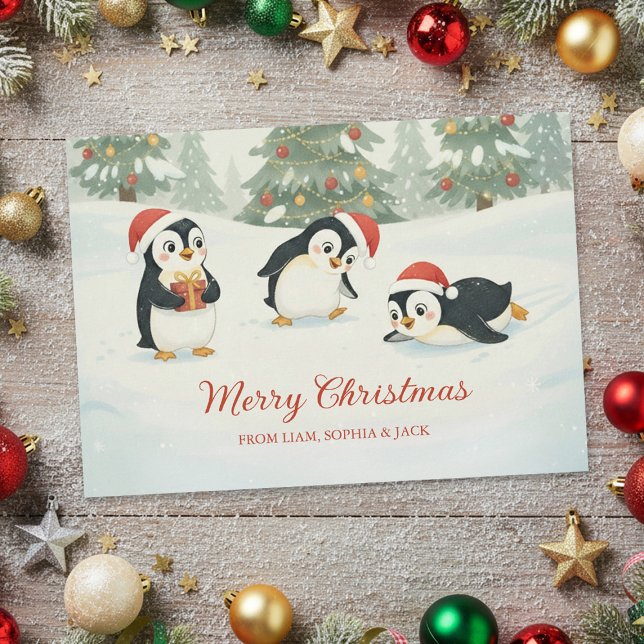 Tarjeta Festiva Cute Watercolor Penguins Christmas Forest (Subido por el creador)