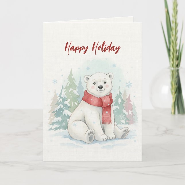 Tarjeta Festiva Cute watercolor Polar Bear Winter  (Anverso)