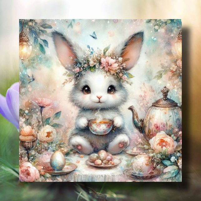 Tarjeta Festiva Cute Watercolor Tea Garden Semana Santa Bunny (Subido por el creador)