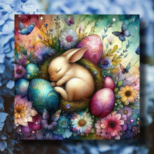 Tarjeta Festiva Cute Whimsical Watercolor Bunny Eggs de Pascua
