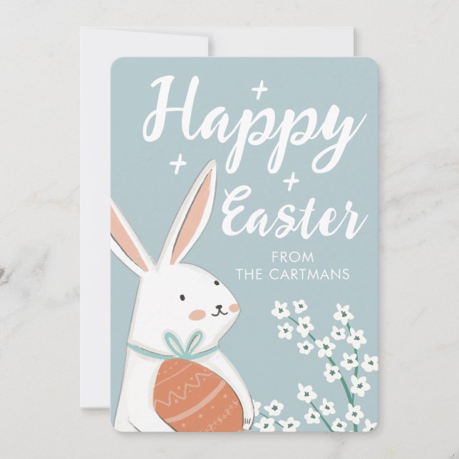 Tarjeta Festiva Cute White Bunny Flores Pascua (Anverso)
