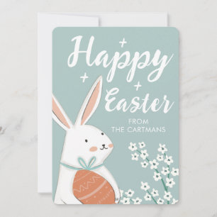 Tarjeta Festiva Cute White Bunny Flores Pascua