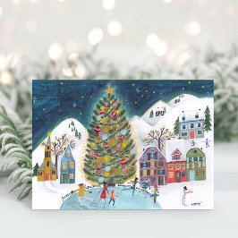 Tarjeta Festiva Cute Winter House Village Navidades de escena
