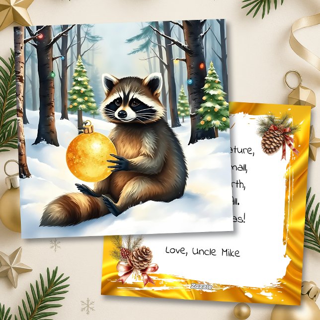 Tarjeta Festiva Cute Winter Raccoon with Gold Ornament Christmas (Subido por el creador)