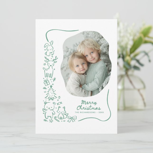 Tarjeta Festiva Cute Winter Woodland Christmas Greeting Photo (Anverso de pie)