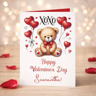 Tarjeta Festiva Cute XOXO Bear with Heart Balloons