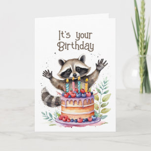 Tarjeta Festiva Cute y capricho Raccoon Cumpleaños come el pastel