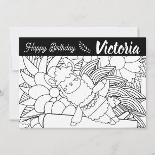 Tarjeta Festiva Cute Yoga Lllama Cumpleaños Floral para Colorear