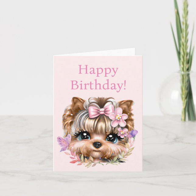 Tarjeta Festiva Cute Yorkie con un compadre rosado (Anverso)
