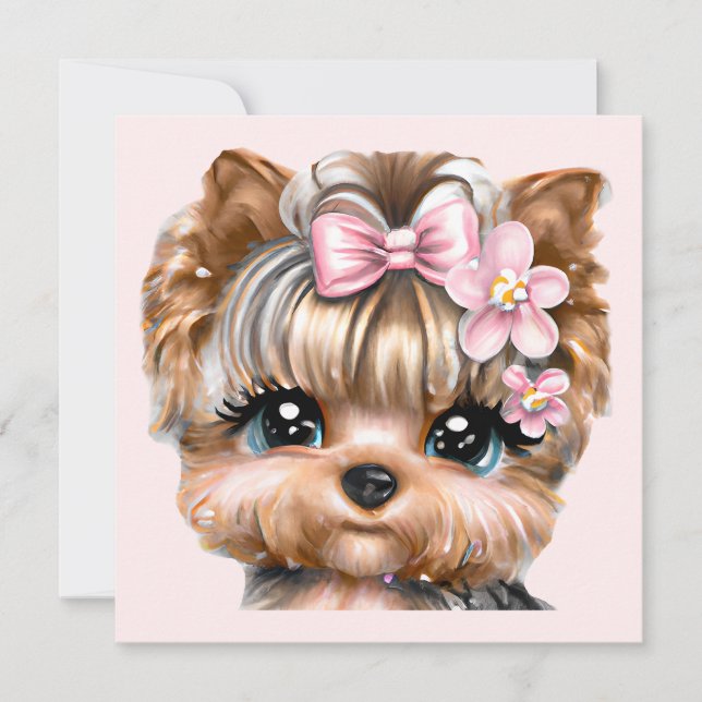 Tarjeta Festiva Cute Yorkie con un compadre rosado (Anverso)