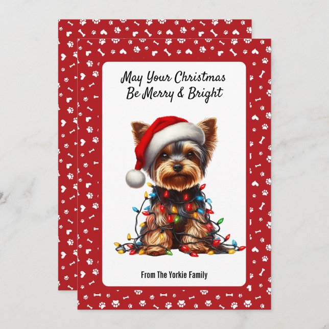 Tarjeta Festiva Cute Yorkie On Santa Hat And Christmas Light  (Anverso / Reverso)