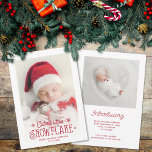 Tarjeta Festiva Cutest little snowflake photo birth announcement<br><div class="desc">Spread the news of your latest addition to your family with this Christmas and winter-themed holiday birth announcement card. Easily customize the front of the card with your baby's name and date of birth, and with one of your favorite newborn pictures with a lovely dark red overlay script that reads...</div>