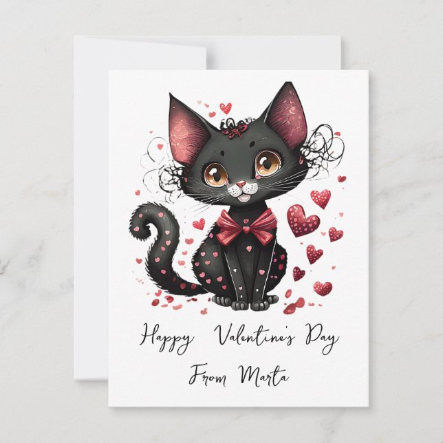Tarjeta Festiva Cuto gato negro de San Valentín personalizado (Anverso)
