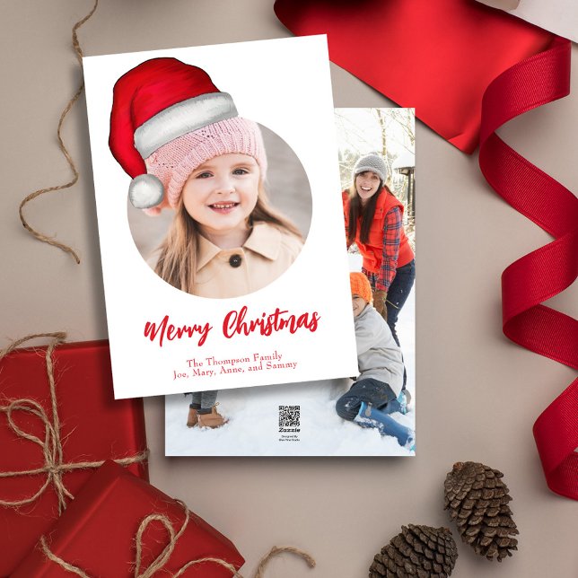 Tarjeta Festiva Cuz Merry Christmas Photo Santa Hat (Merry Christmas cute whimsical photo greeting card with a double photo template. )
