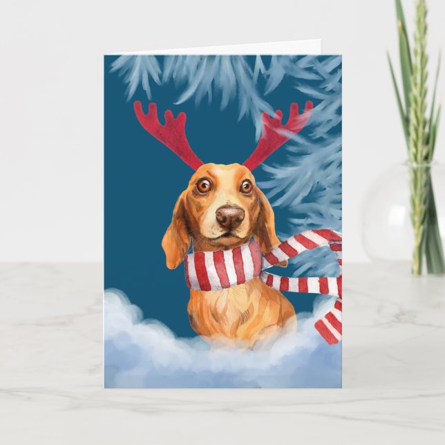 Tarjeta Festiva Dachshund A Través De La Nieve (Anverso)