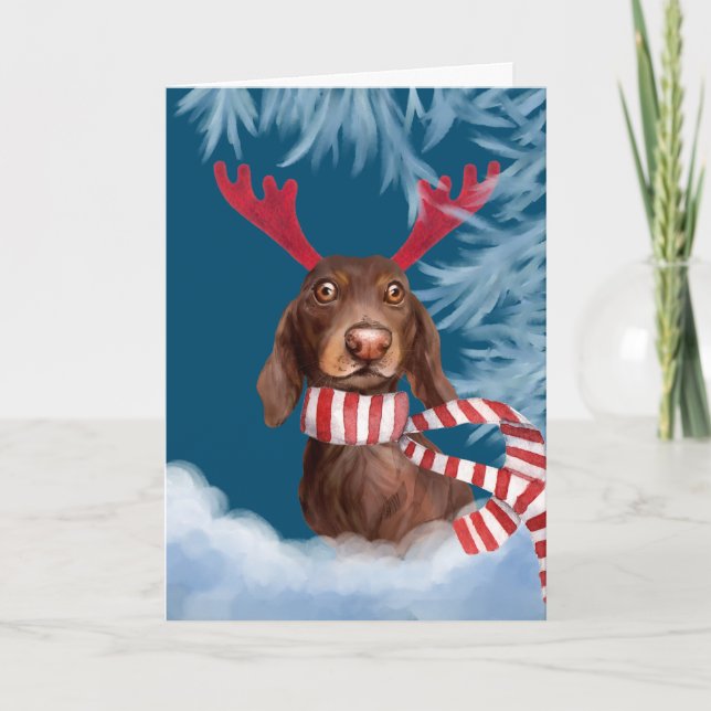 Tarjeta Festiva Dachshund A Través De La Nieve (Anverso)
