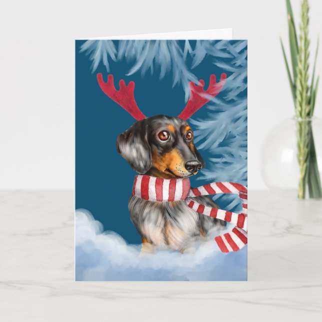 Tarjeta Festiva Dachshund A Través De La Nieve (Anverso)