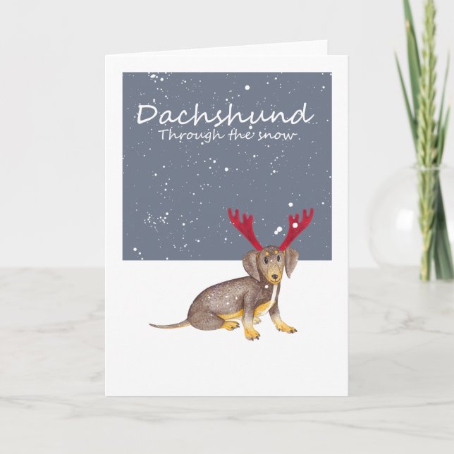 Tarjeta Festiva Dachshund A Través De La Nieve (Anverso)