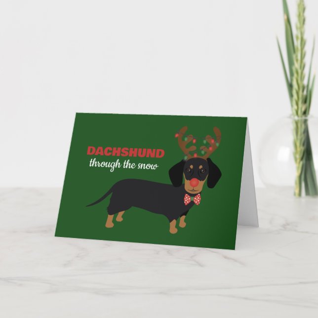Tarjeta Festiva Dachshund a través de la nieve Cute Doxie Reno Per (Anverso)
